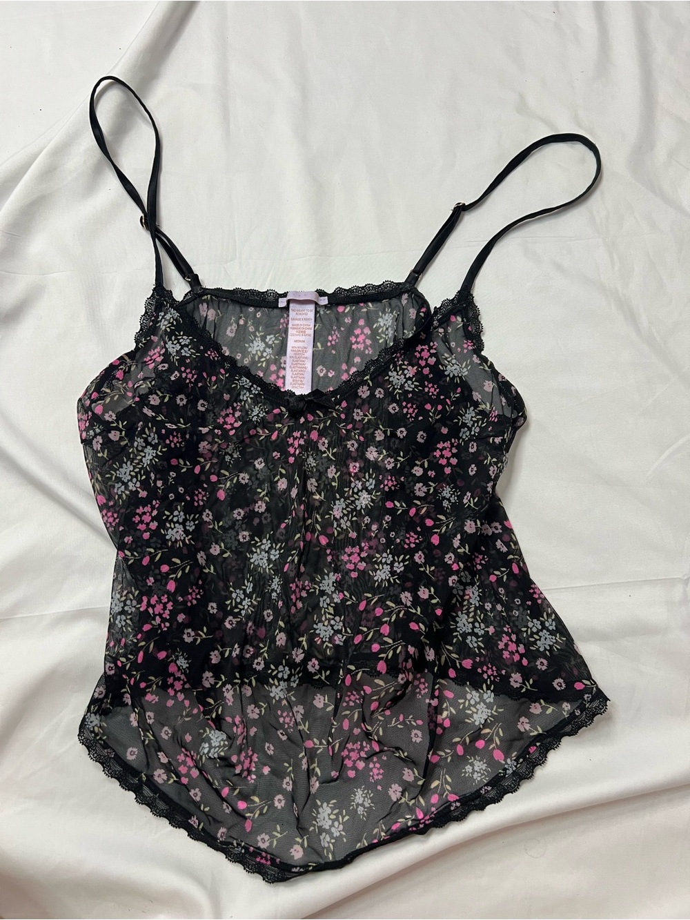 Savage X Fenty Black Sheer Floral Lace-Trim Cami with Pink Accents